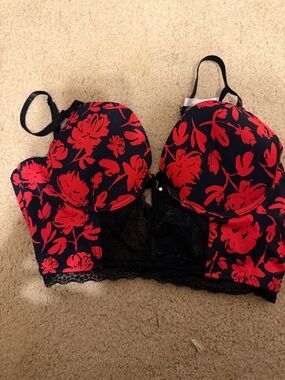 Cacique Black Longline Bra with Red Floral Print